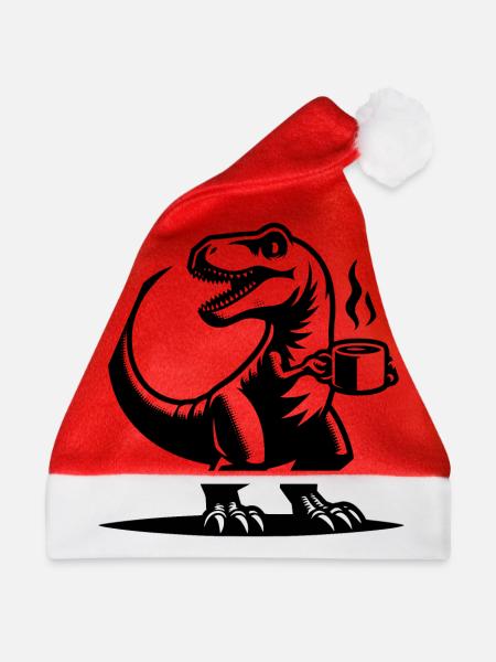 Morgenmuffel Dinosaurier mit Kaffeetasse - Weihnachtsmütze - Rot - Vorne