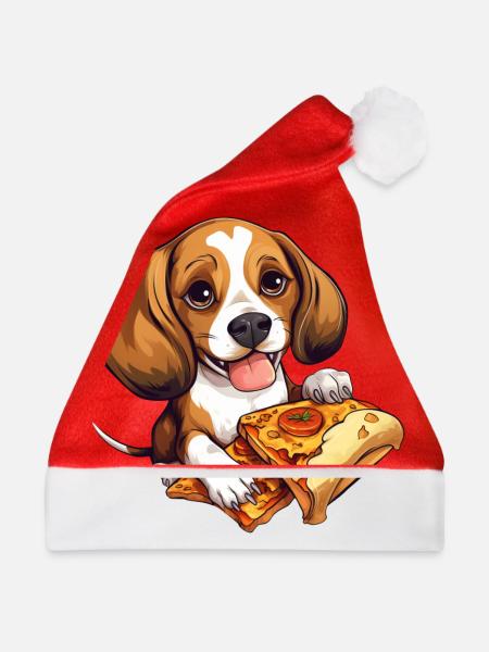 Beagle Hund mit Pizza – Lustiges Haustier-Design - Weihnachtsmütze - Rot - Vorne