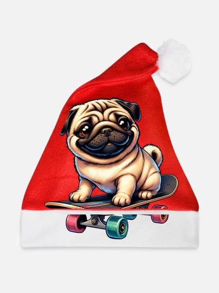 Skateboard Mops, Hund Skateboarder - Weihnachtsmütze - Rot