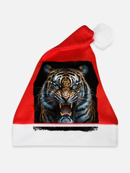 Fauchender Tiger Großkatze - Weihnachtsmütze - Rot - Vorne
