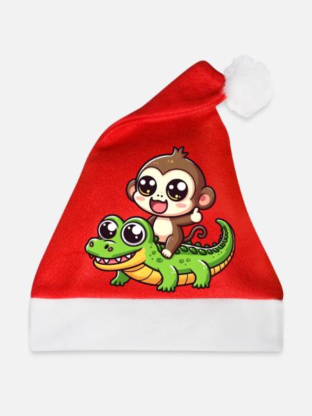 Niedlicher Affe reitet Krokodil - Weihnachtsmütze - Rot
