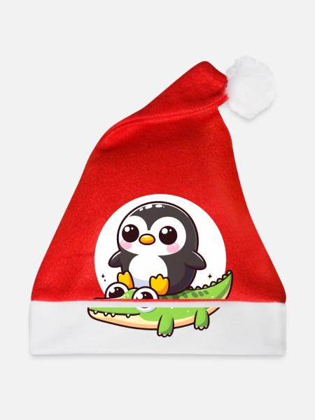 Pinguin auf Krokodil - Weihnachtsmütze - Rot