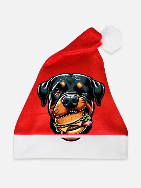 Rottweiler mit Hamburger Cheeseburger - Weihnachtsmütze - Rot