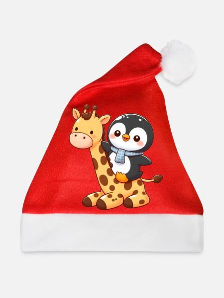 Pinguin reitet Giraffe - Weihnachtsmütze - Rot
