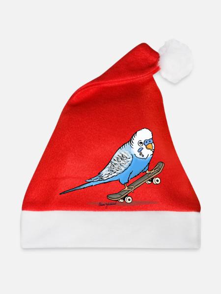 Blauer Wellensittich auf Fingerboard - Weihnachtsmütze - Rot - Vorne