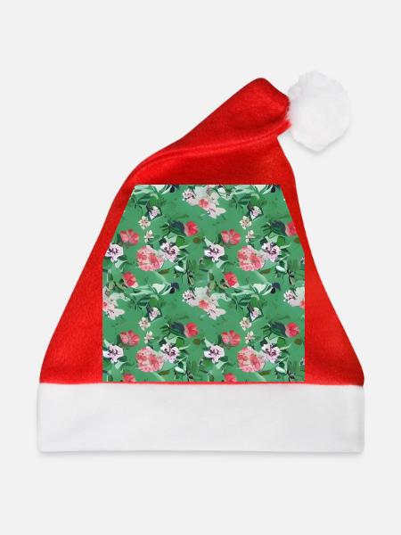 Grünes Blumenmuster - Weihnachtsmütze - Rot