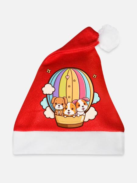 Hundebabys im Heißluftballon - Weihnachtsmütze - Rot