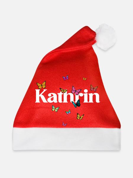 Schöner Mädchenname mit Schmetterlingen KATHRIN - Weihnachtsmütze - Rot - Vorne