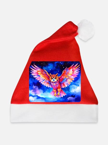 Bunter Uhu vor Sternenhimmel - Weihnachtsmütze - Rot