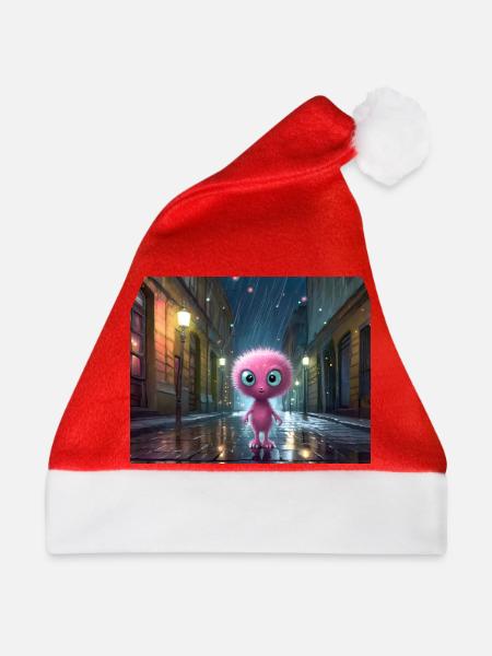 Pinkes Fluffwesen bei Regennacht - Weihnachtsmütze - Rot