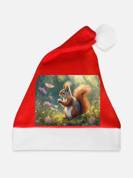 Eichhörnchen im Blumengarten - Weihnachtsmütze - Rot