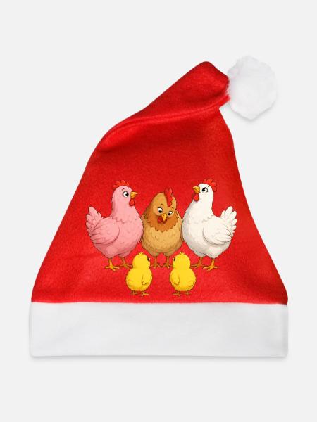 Hühner mit Kücken - Weihnachtsmütze - Rot