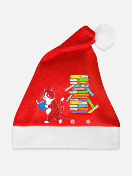 Lesekätzchen zieht Bücherwagen - Weihnachtsmütze - Rot