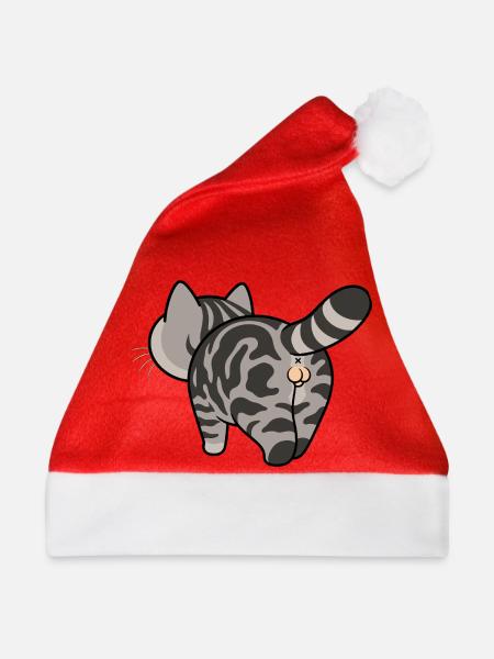 Grau getigerte Cartoonkatze - Weihnachtsmütze - Rot