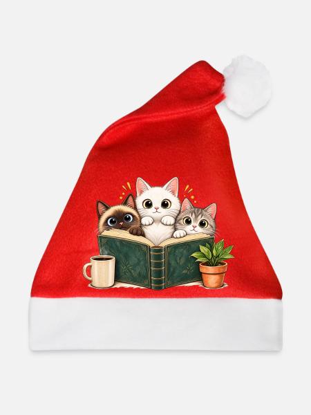 Katze Lesen Kafee - Weihnachtsmütze - Rot