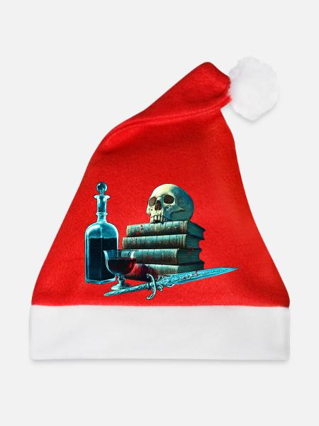 Gothic Totenkopf Bücher & Dolch Digital Art  - Weihnachtsmütze - Rot - Vorne