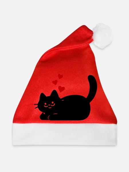 Liegende Katze mit Herzen - Weihnachtsmütze - Rot
