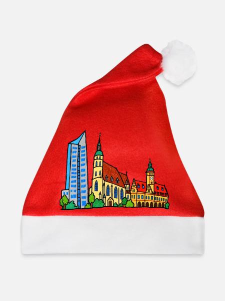 Bunte Leipziger Skyline im Kinderstil - Weihnachtsmütze - Rot