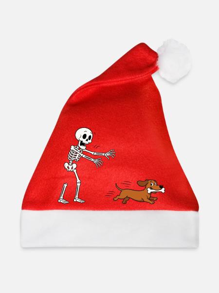 Halloween, Dackel, Skelett - Weihnachtsmütze - Rot
