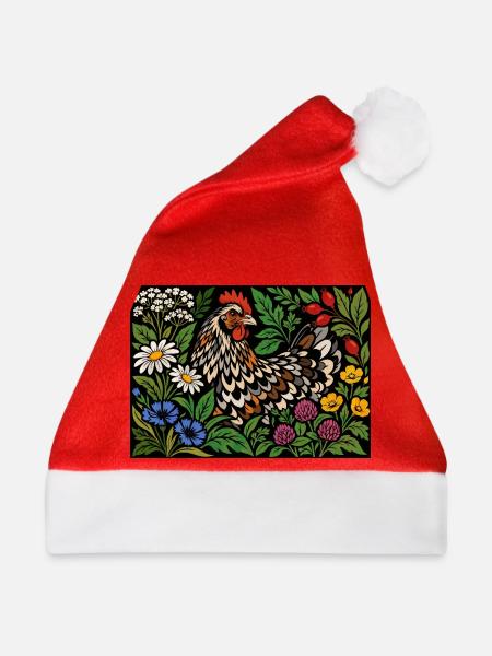 Blumenhühner-Volkskunstgarten - Weihnachtsmütze - Rot