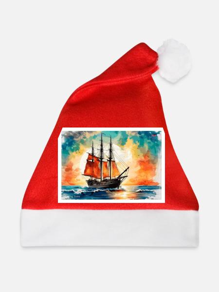 Rotes Segelschiff im Sonnenuntergang - Weihnachtsmütze - Rot