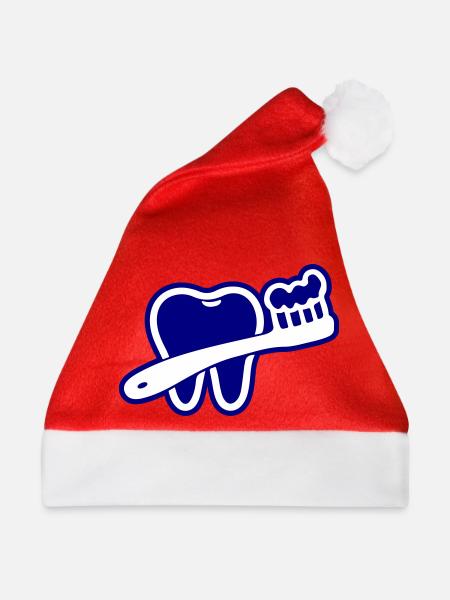 Zahn mit Zahnbürste Symbol Blau - Weihnachtsmütze - Rot