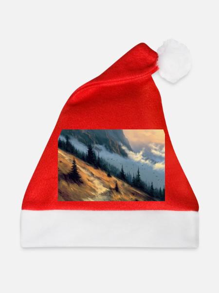Berglandschaft Illustration Poster - Weihnachtsmütze - Rot