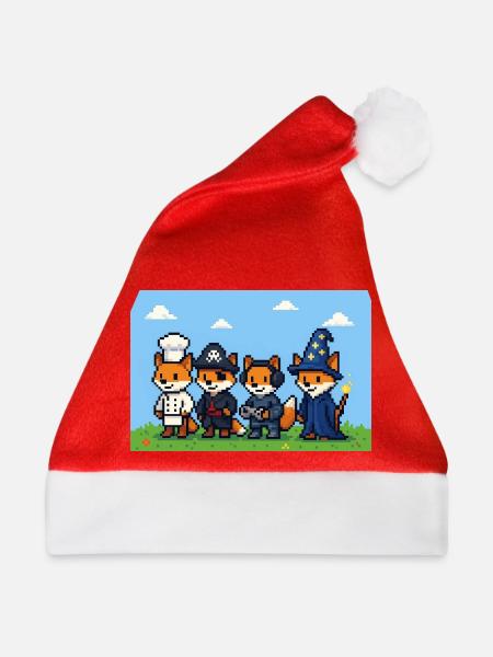 Pixelart Fuchsgruppe in Fantasiewelt - Weihnachtsmütze - Rot
