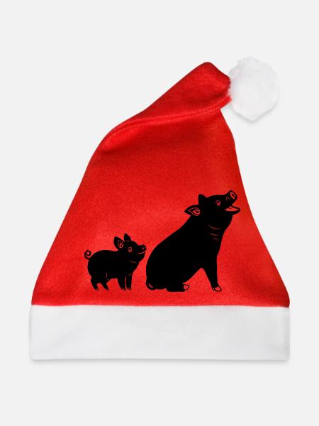 Mutterschwein mit Ferkelschattenbild - Weihnachtsmütze - Rot