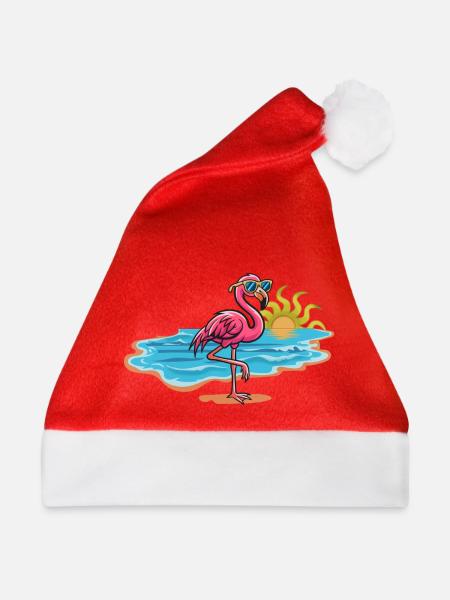 Strandflamingo mit Sonnenbrille - Weihnachtsmütze - Rot