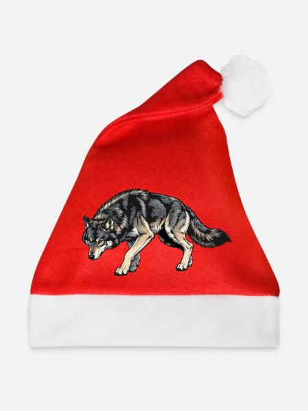 Wolf Illustration - Weihnachtsmütze - Rot