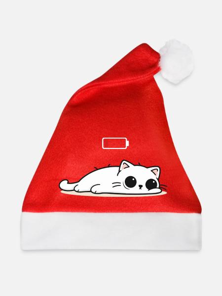 Battery Low – Cute Cat im Social Battery Modus - Weihnachtsmütze - Rot - Vorne