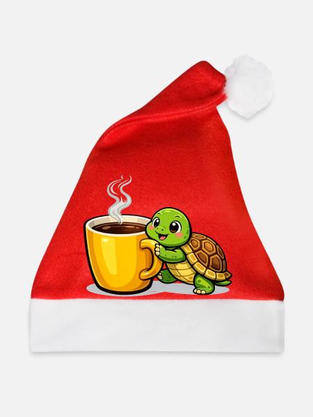 Kaffeeturtle mit dampfendem Becher - Weihnachtsmütze - Rot