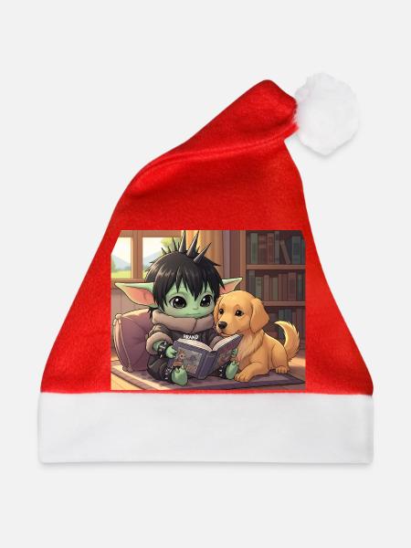 Kleiner Goblin mit Hund und Comic-Book - Weihnachtsmütze - Rot