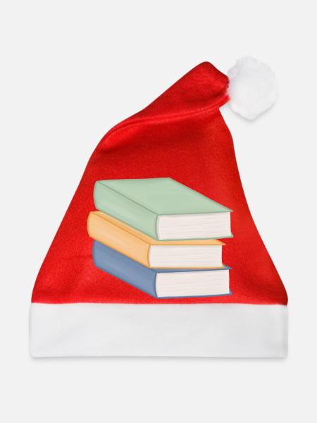 Pastellfarbiger Bücherstapel - Weihnachtsmütze - Rot
