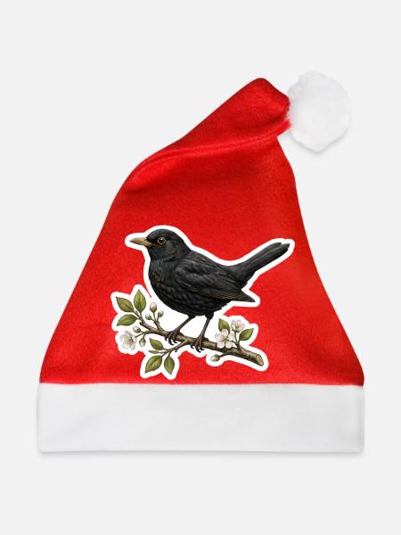 Amsel auf Blütenzweig - Frühlings Design - Weihnachtsmütze - Rot