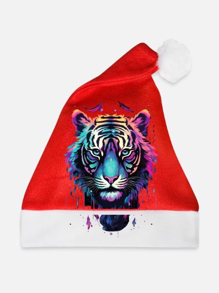 Tiger Tigerkopf Neon Bunt Farbenfroh Wild Mutig - Weihnachtsmütze - Rot - Vorne