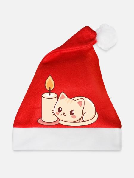 Süße Katze und helle Kerze - Weihnachtsmütze - Rot