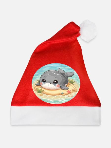 Wal auf Sandbank im Meer - Weihnachtsmütze - Rot