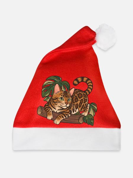 Bengal-Katze auf Baumstamm-Dschungel-Illustration - Weihnachtsmütze - Rot