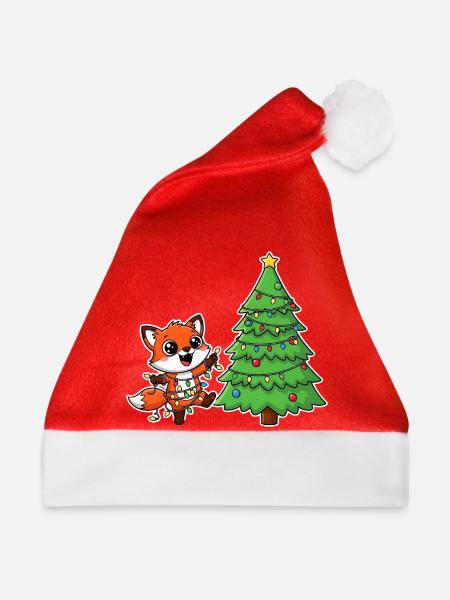 Fuchs mit Lichterkette und Tannenbaum - Weihnachtsmütze - Rot