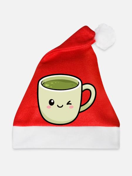 Kawaii zwinkern Matcha Grüne Teetasse - Weihnachtsmütze - Rot