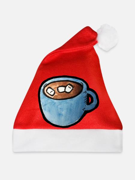 Blauer Aquarell-Tassen-Kakao mit Marshmallows - Weihnachtsmütze - Rot