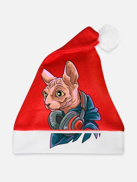 Coole Nacktkatze mit Kopfhörer - Weihnachtsmütze - Rot