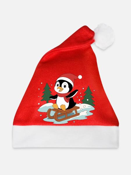 Pinguin Pino auf Schlitten - Weihnachtsmütze - Rot