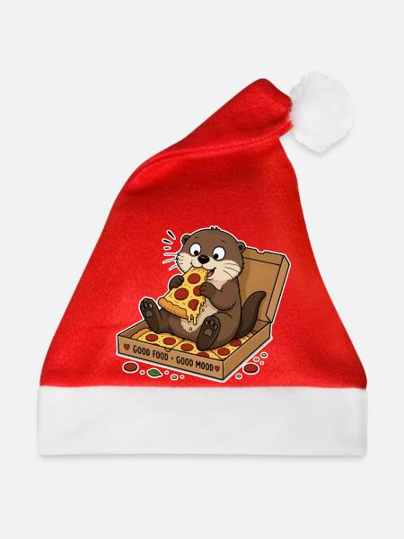 Otter mit Pizza: Snackfreude im Karton - Weihnachtsmütze - Rot - Vorne
