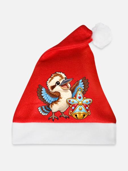 Kookaburra mit bunter Zuckerstern-Glocke - Weihnachtsmütze - Rot