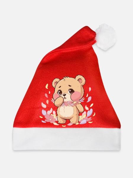 Zarter Bär mit Blütenkranz - Weihnachtsmütze - Rot