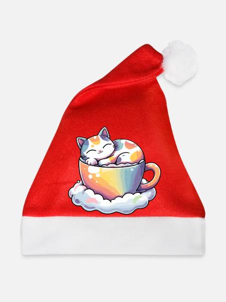 Katzen in Regenbogen-Teetasse - Weihnachtsmütze - Rot