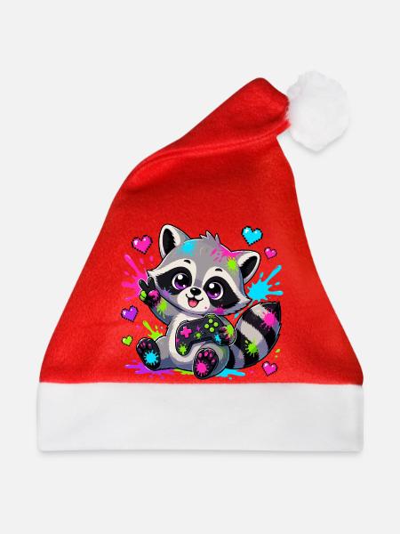 Bunter Raccoon mit Controller - Weihnachtsmütze - Rot